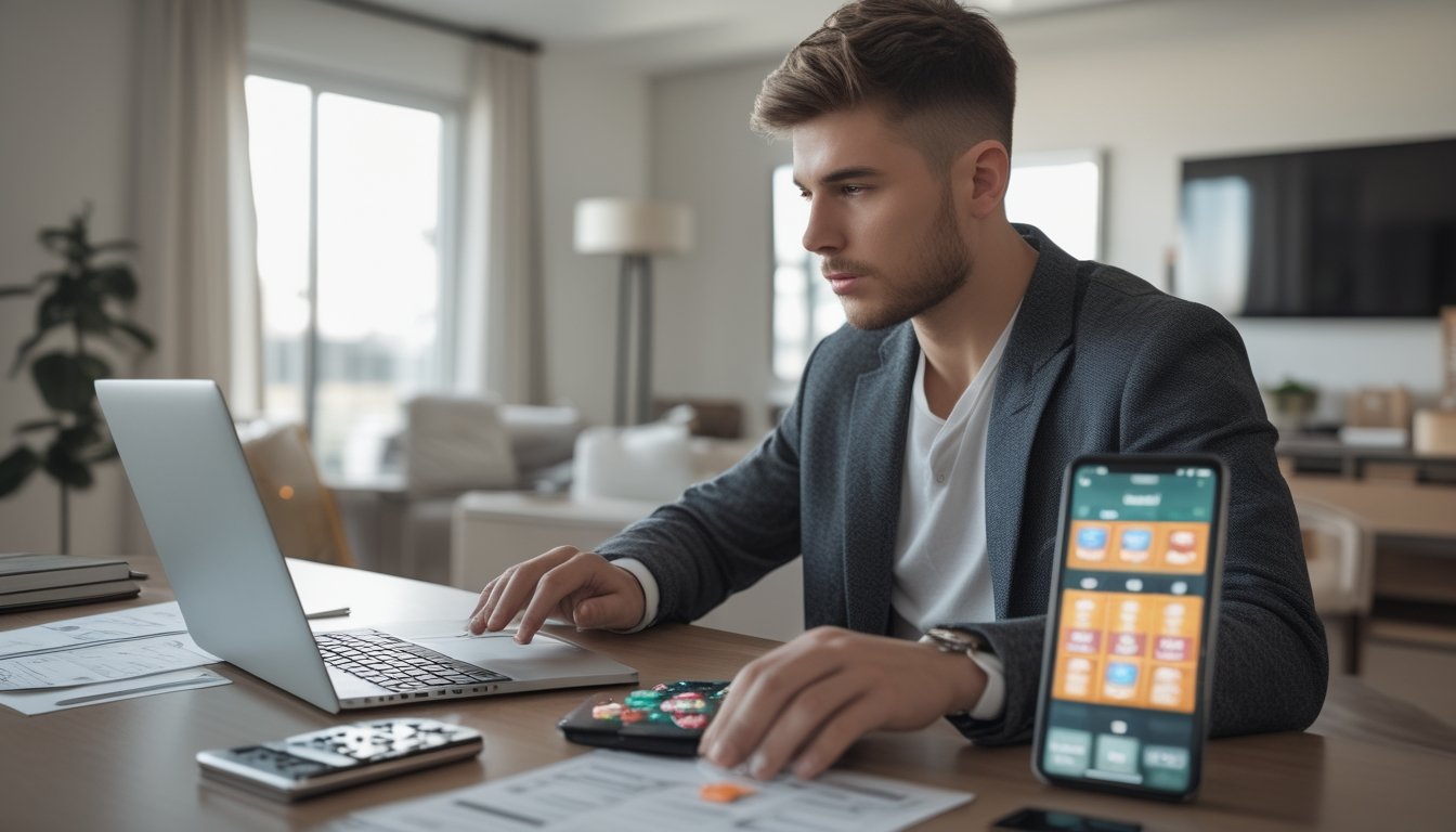 Seorang pria muda duduk di meja kerja mengatur keuangan sambil bermain permainan kasino online di laptop di ruang tamu yang nyaman.