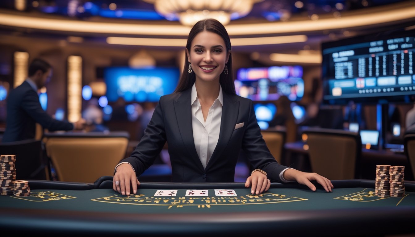 Seorang dealer wanita tersenyum di meja blackjack di kasino online dengan suasana mewah dan pemain yang terlibat dalam permainan.
