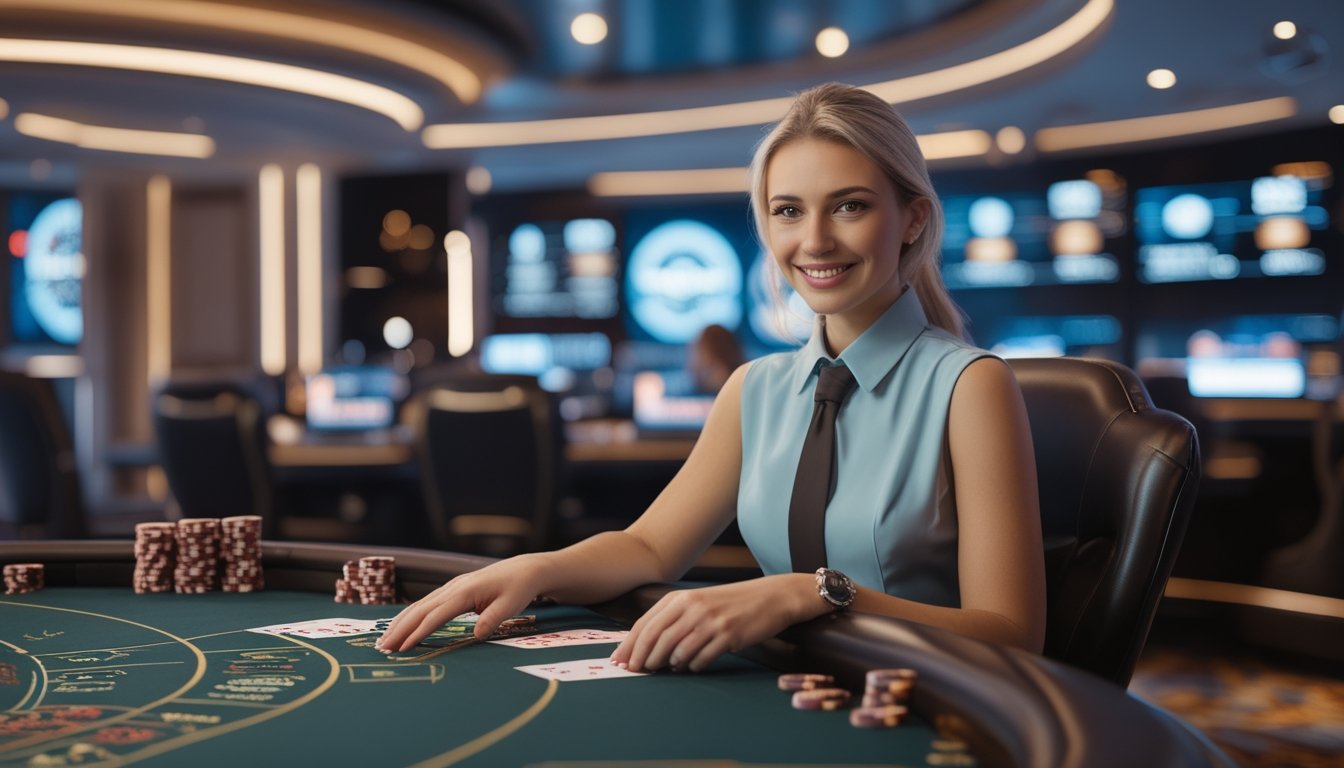 Seorang dealer kasino langsung yang ramah duduk di meja permainan dengan kartu dan chip, berinteraksi melalui webcam di lingkungan kasino modern.