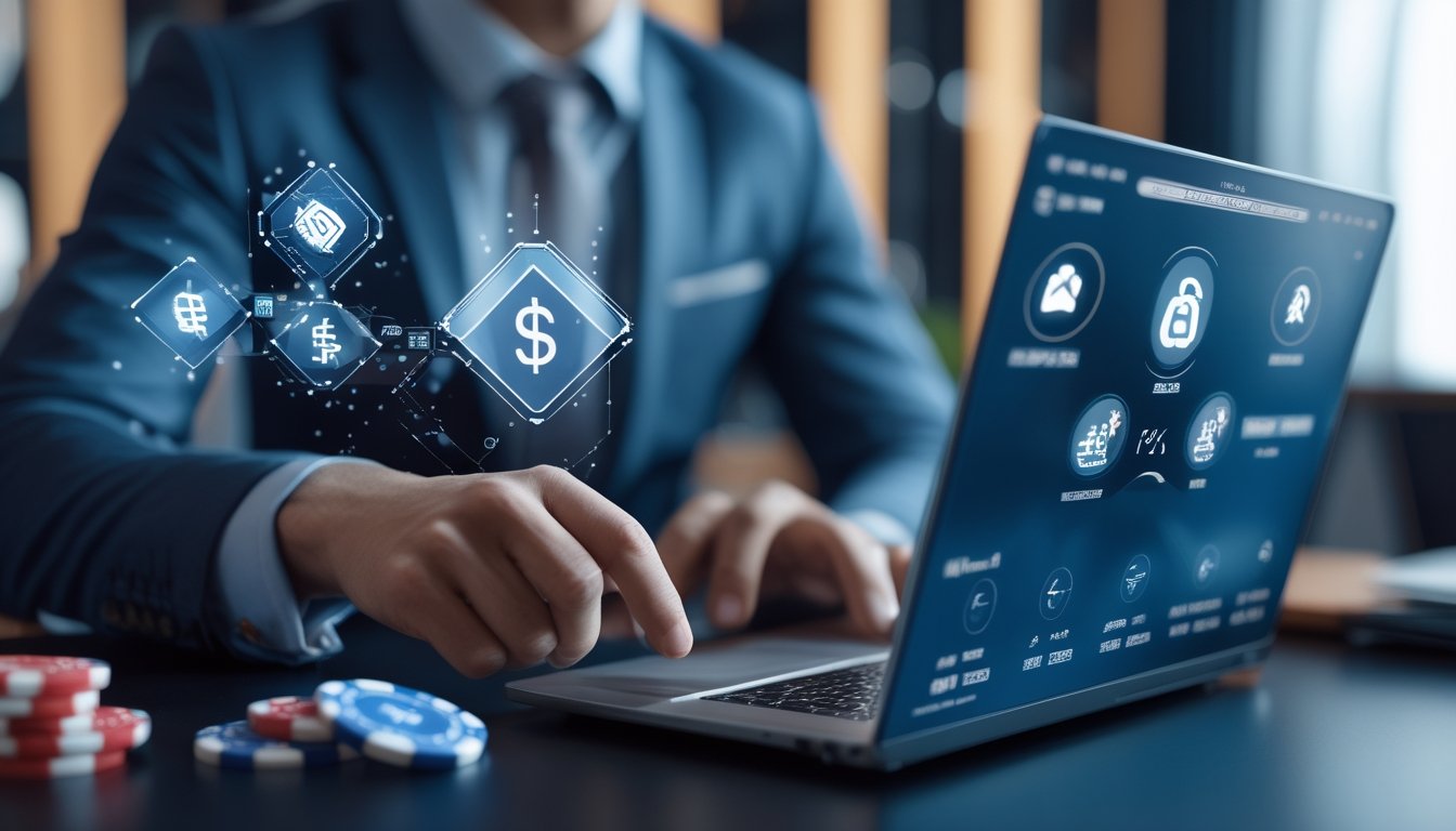 Seseorang menggunakan laptop dan ponsel untuk melakukan transaksi cepat di kasino online dengan latar belakang kantor modern dan elemen kasino samar.