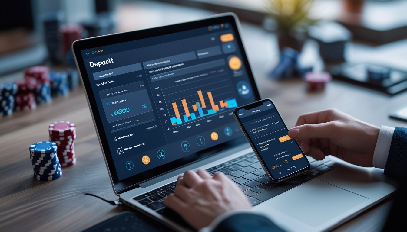 Seseorang menggunakan laptop dan ponsel untuk melakukan transaksi deposit dan withdraw di platform kasino online.