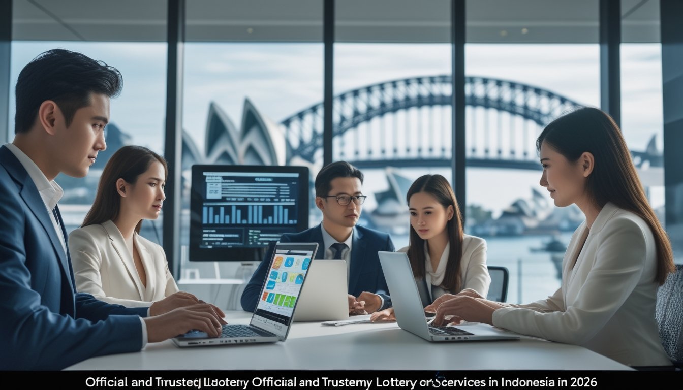 Sekelompok profesional Indonesia bekerja di kantor modern dengan latar belakang pemandangan kota Sydney yang terlihat melalui jendela besar.