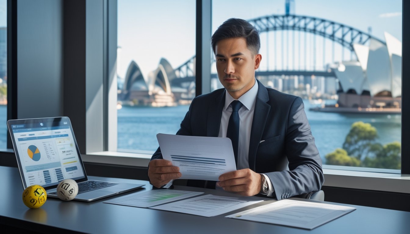 Seorang profesional bisnis sedang duduk di meja kantor modern dengan pemandangan kota Sydney di latar belakang, sambil melihat dokumen dan data di laptop dan tablet.