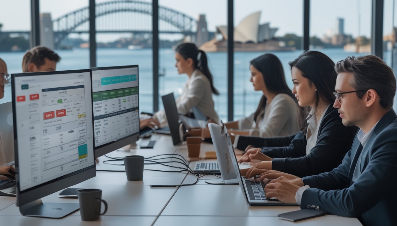 Orang-orang di kantor modern sedang bekerja dengan komputer yang menampilkan data dan grafik terkait lotere, dengan latar belakang samar pemandangan Sydney.