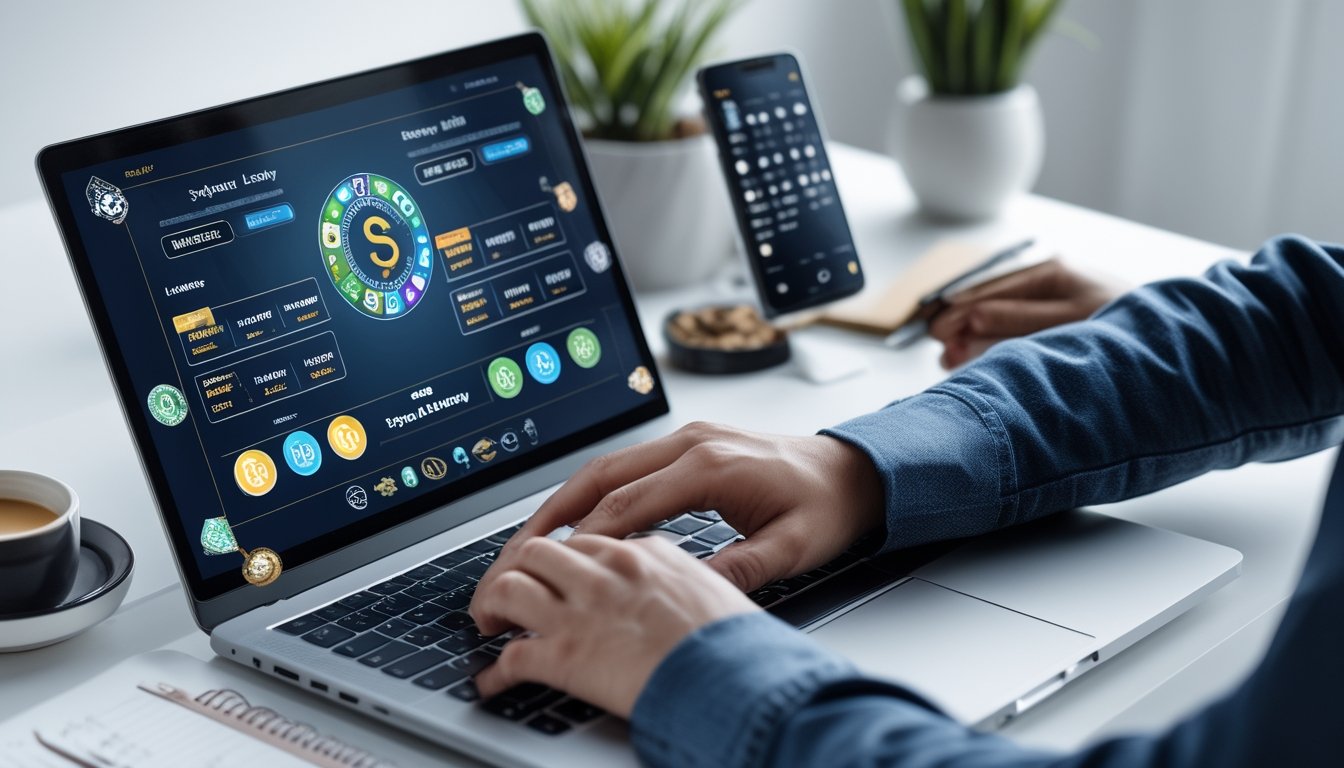 Meja kerja dengan laptop yang menampilkan antarmuka permainan lotere dan tangan seseorang yang sedang menggunakan laptop, dilengkapi smartphone, buku catatan, dan cangkir kopi.
