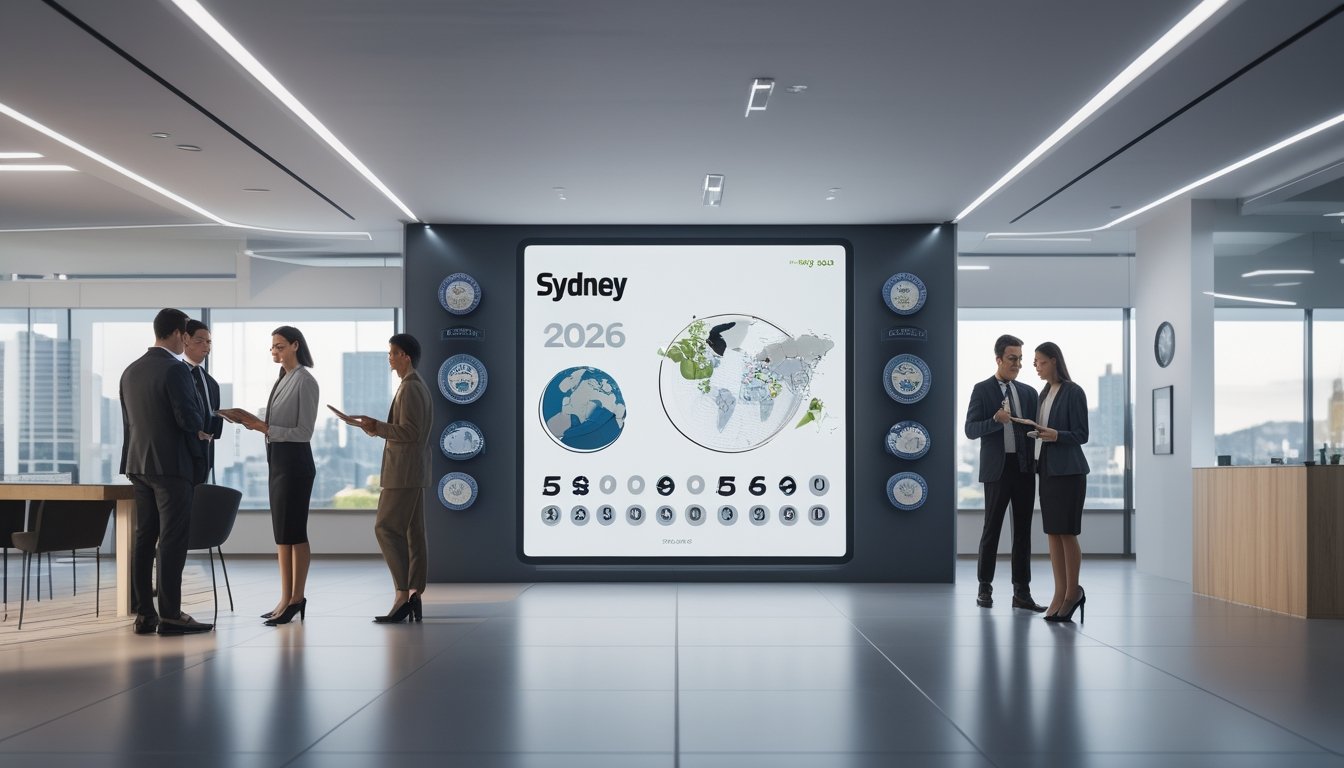 Suasana kantor modern dengan profesional yang sedang berdiskusi dan melihat layar digital menampilkan angka lotere dan peta kota Sydney.
