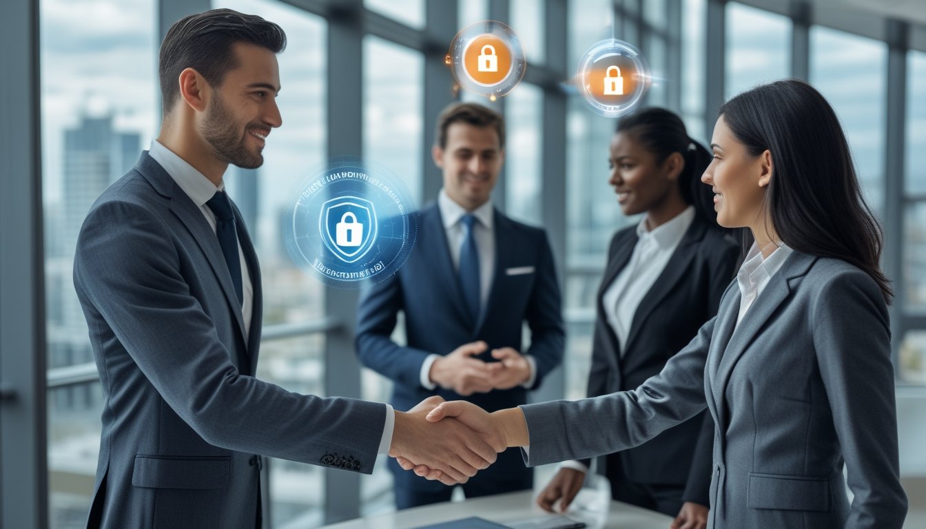 Sekelompok profesional bisnis sedang berjabat tangan di kantor modern dengan ikon keamanan digital mengambang di sekitar mereka.