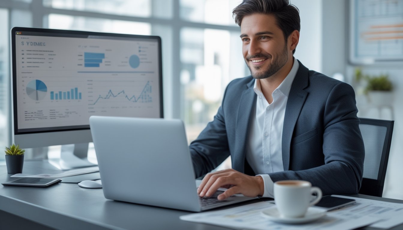 Seorang pria duduk di meja kantor modern dengan laptop dan dokumen, terlihat fokus dan serius dalam menganalisis data.