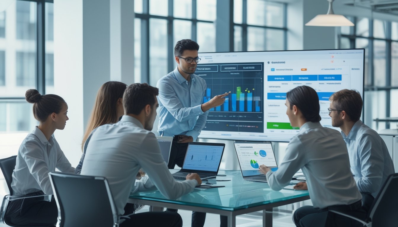 Sekelompok profesional muda sedang berdiskusi di ruang kantor modern dengan laptop dan grafik diskon di layar digital.