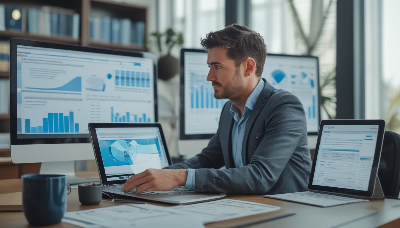 Seorang analis bisnis sedang memeriksa grafik dan data di layar komputer di sebuah kantor modern.