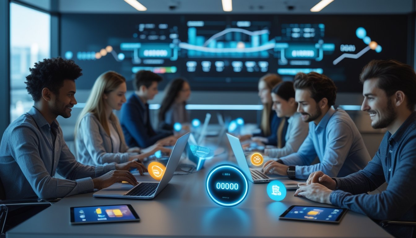 Sekelompok orang muda menggunakan perangkat digital untuk melakukan pembayaran cepat dan transaksi online di sebuah ruang kantor modern.