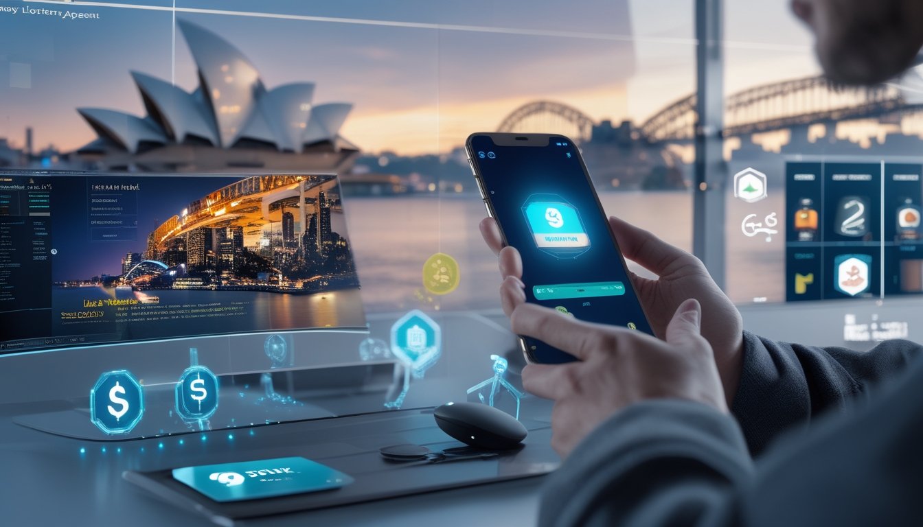 Seseorang menggunakan ponsel dengan aplikasi dompet digital di meja kerja dengan latar belakang layar komputer yang menampilkan pemandangan Sydney.