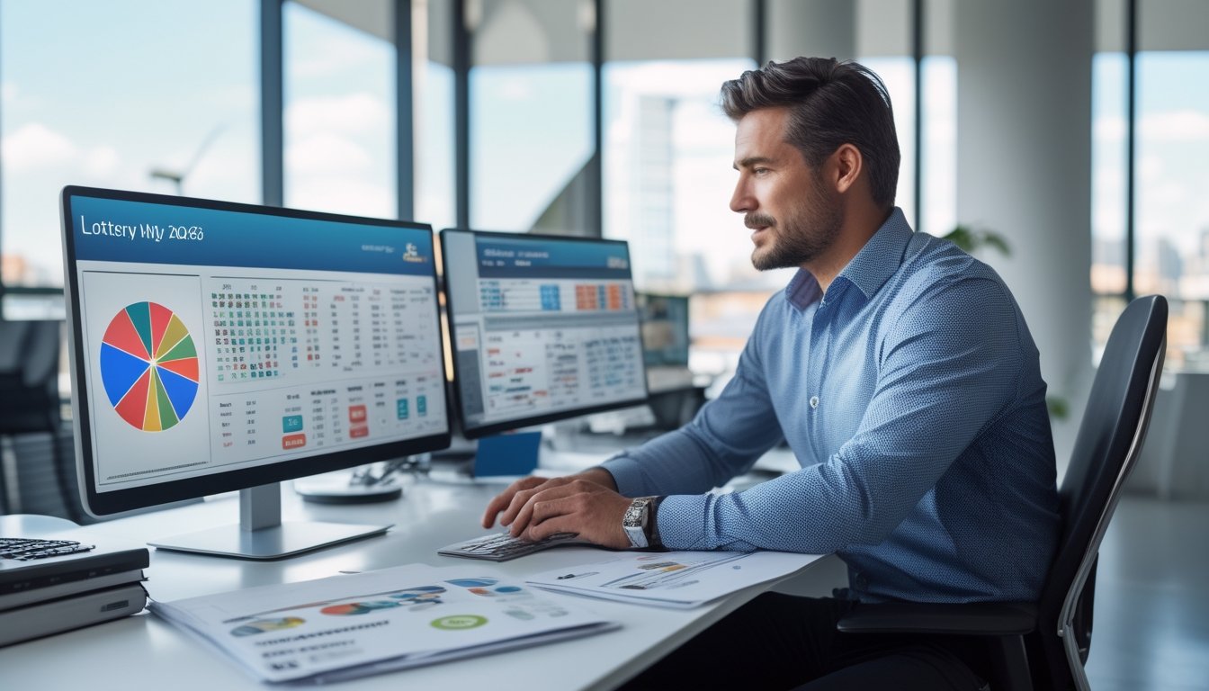 Seorang pria bisnis sedang menganalisis data dan grafik di kantor modern dengan pemandangan kota di latar belakang.