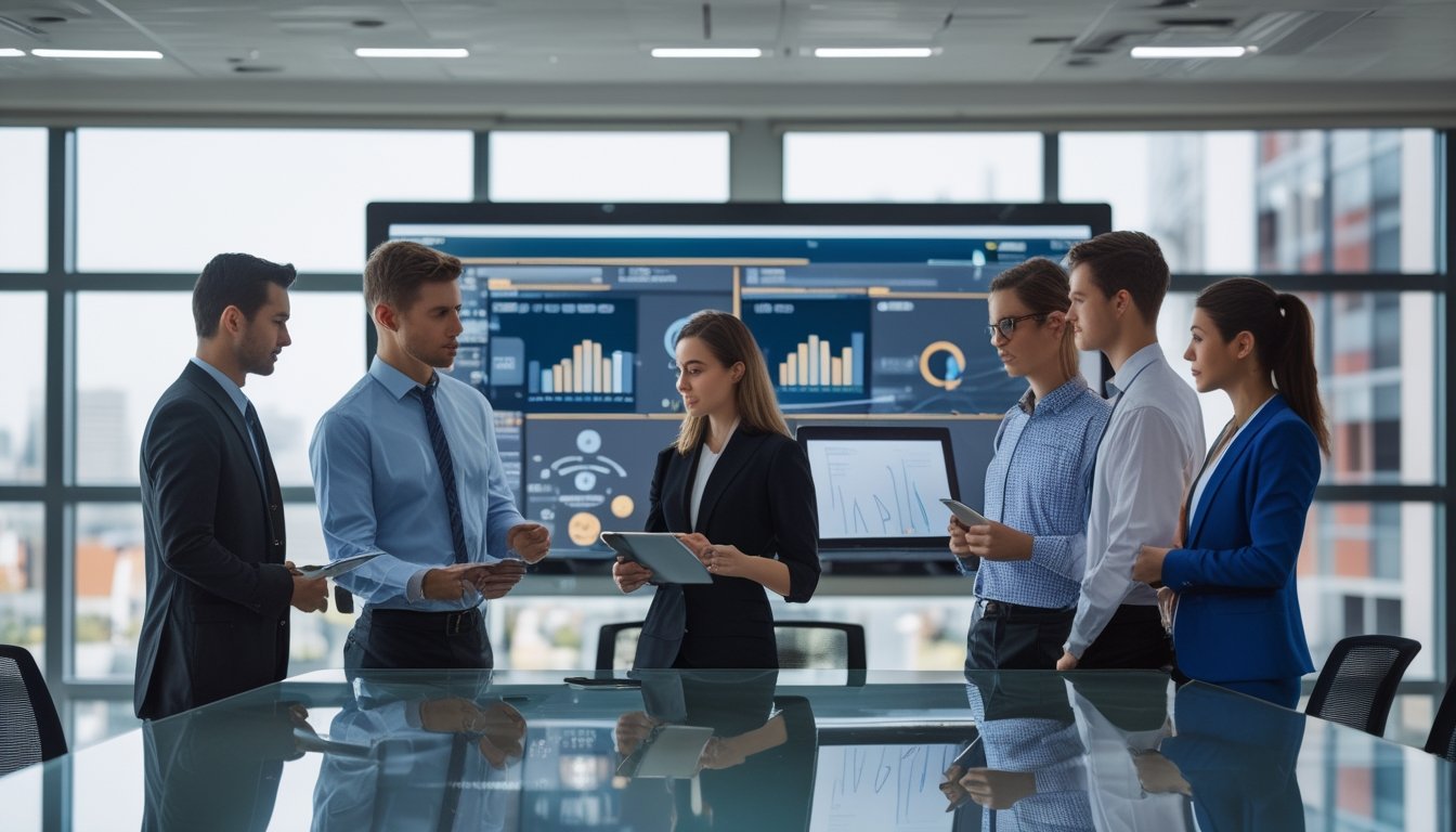 Sekelompok profesional muda sedang berdiskusi di ruang kantor modern dengan layar komputer menampilkan data dan grafik.