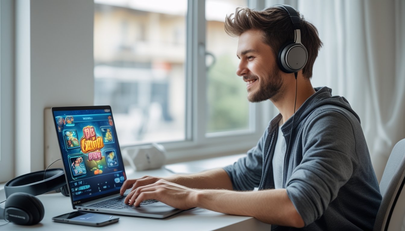 Seorang pria muda duduk di meja dengan laptop, fokus bermain permainan kartu online di ruangan yang terang dan nyaman.