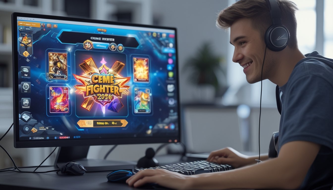 Seorang pemain muda sedang bermain permainan kartu Ceme Fighter secara online di komputer di ruang bermain yang terang dan rapi.