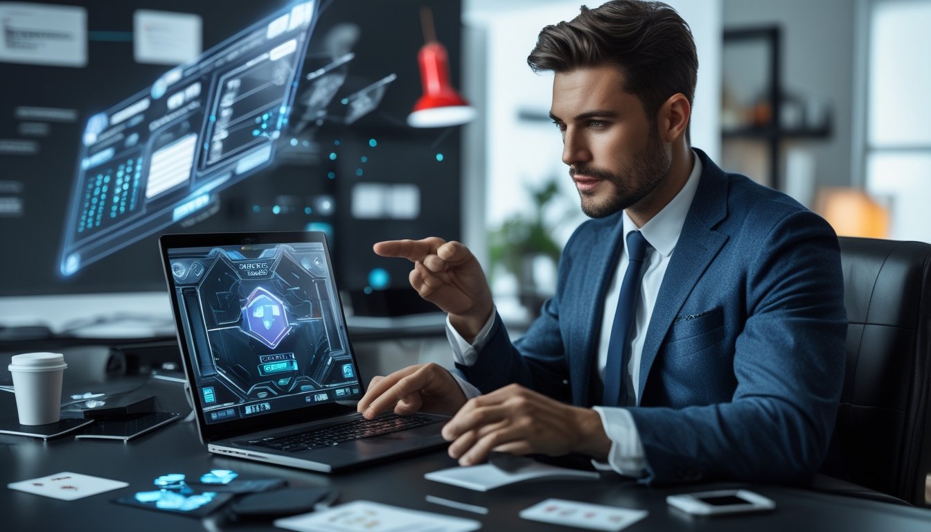 Seorang pria percaya diri duduk di depan laptop dengan tampilan permainan kartu digital di meja kerja modern.