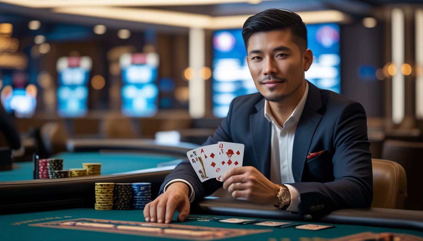 Seorang pria Asia duduk di meja permainan kasino dengan kartu dan chip, tampak fokus dan percaya diri sebagai bandar dalam permainan Ceme Fighter.