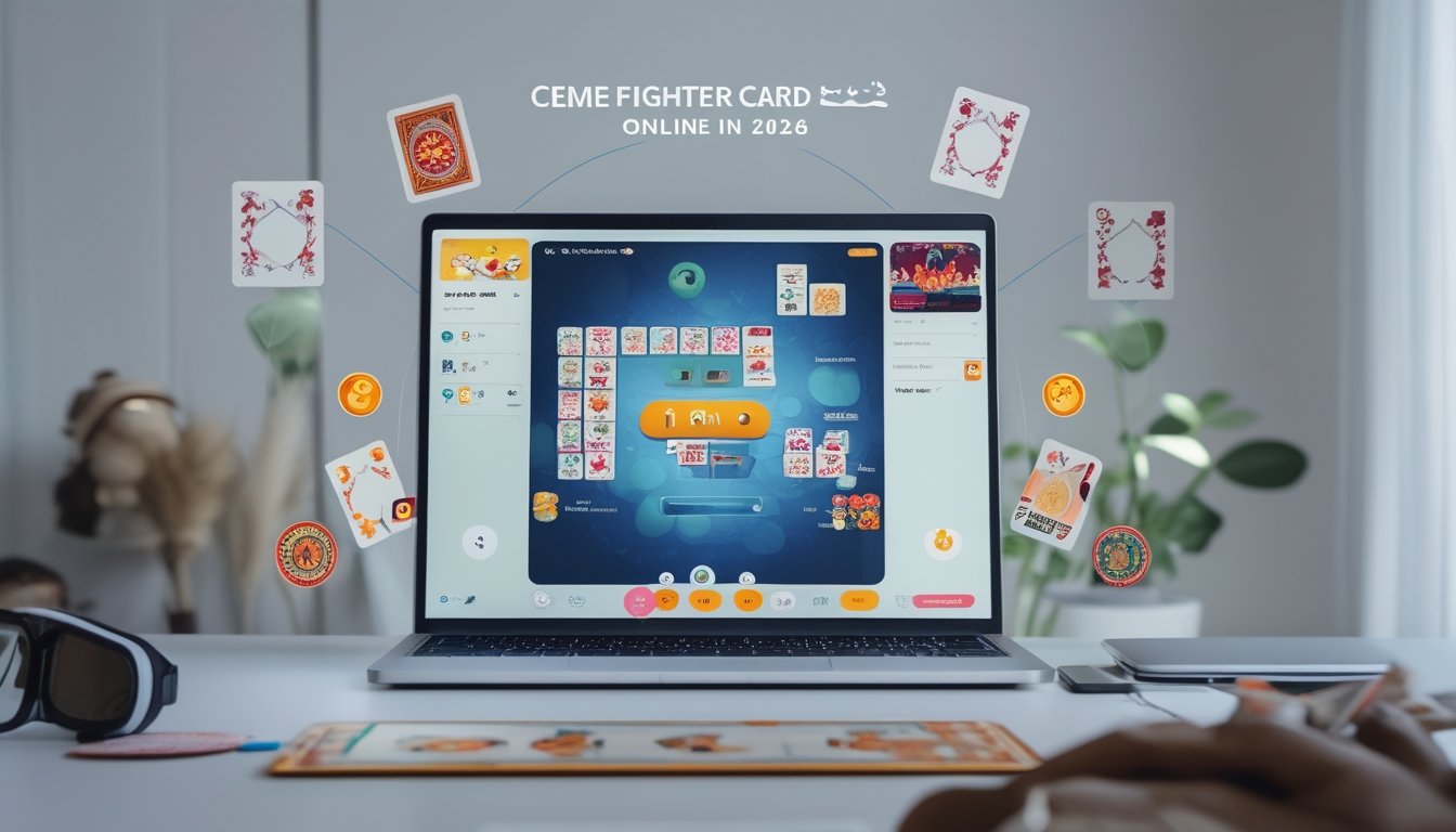 Seorang pemain sedang bermain permainan kartu Ceme Fighter secara online menggunakan laptop dengan tampilan permainan yang jelas di layar.