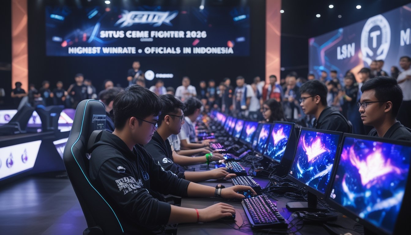 Suasana kompetisi e-sports di arena dengan para pemain fokus bermain game di depan layar besar, diiringi penonton yang antusias.