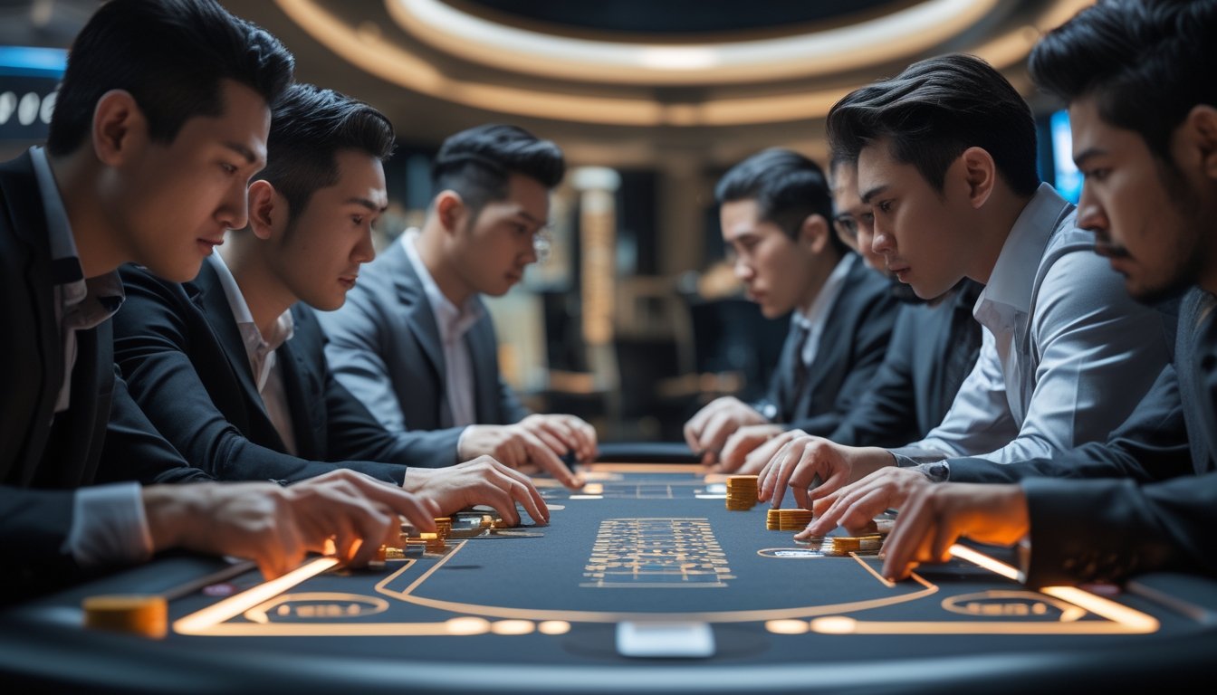 Beberapa pemain serius sedang bermain di meja permainan Ceme Fighter dengan kartu dan chip taruhan.