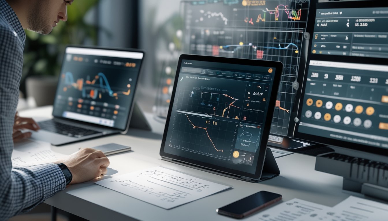 Seorang profesional sedang menganalisis data peluang dan probabilitas kemenangan jackpot pada sebuah layar digital di ruang kerja modern.