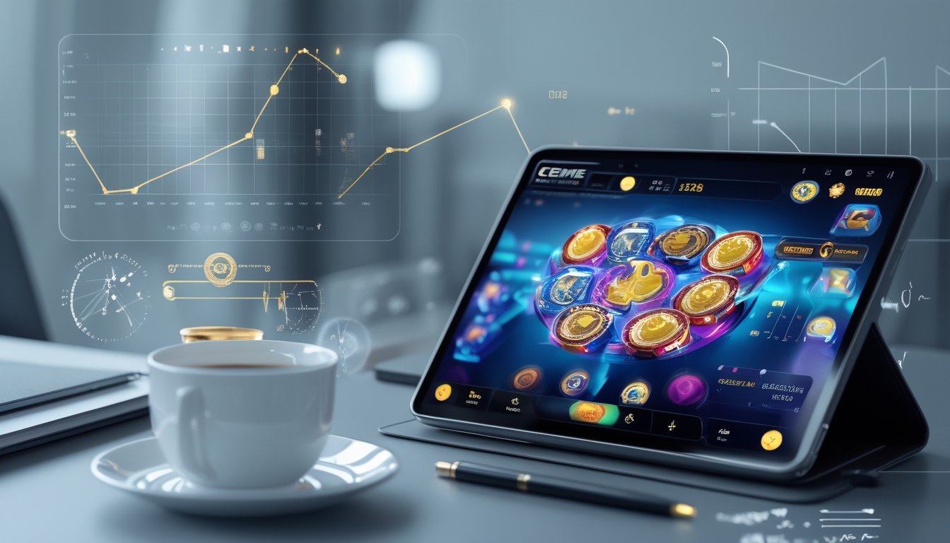Seorang pemain sedang menggunakan tablet dengan tampilan permainan Ceme Fighter, dikelilingi oleh grafik dan simbol matematika yang menunjukkan analisis peluang menang.