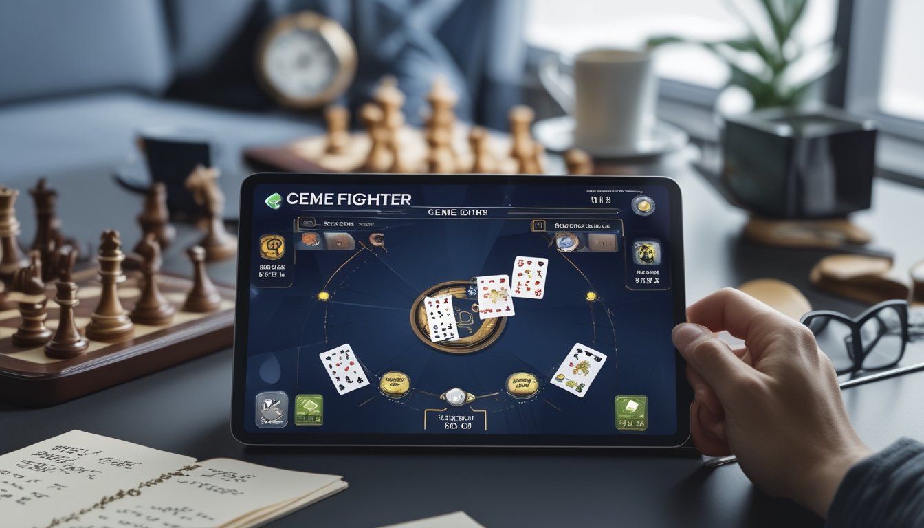Seorang pemain sedang fokus pada permainan kartu Ceme Fighter di perangkat digital dengan catatan strategi dan kopi di meja.