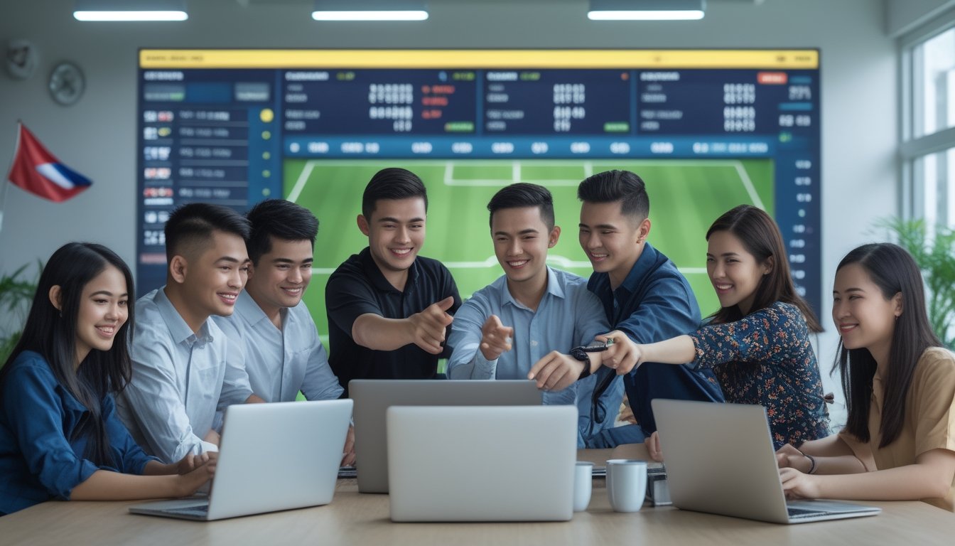 Sekelompok orang muda di kantor modern sedang melihat layar besar dengan statistik pertandingan sepak bola dan menggunakan perangkat elektronik.