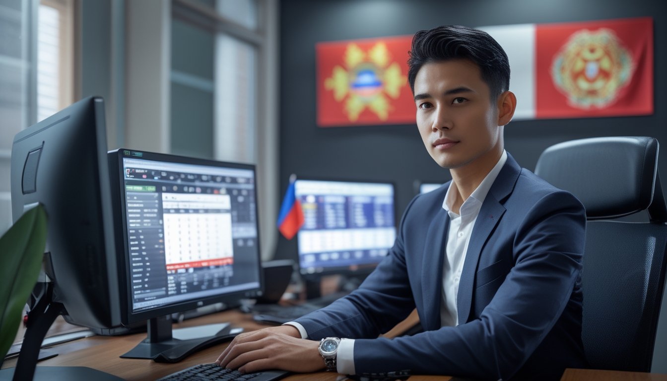 Seorang profesional duduk di depan beberapa layar komputer dengan data olahraga, di kantor modern yang menampilkan suasana terpercaya dan resmi di Indonesia.