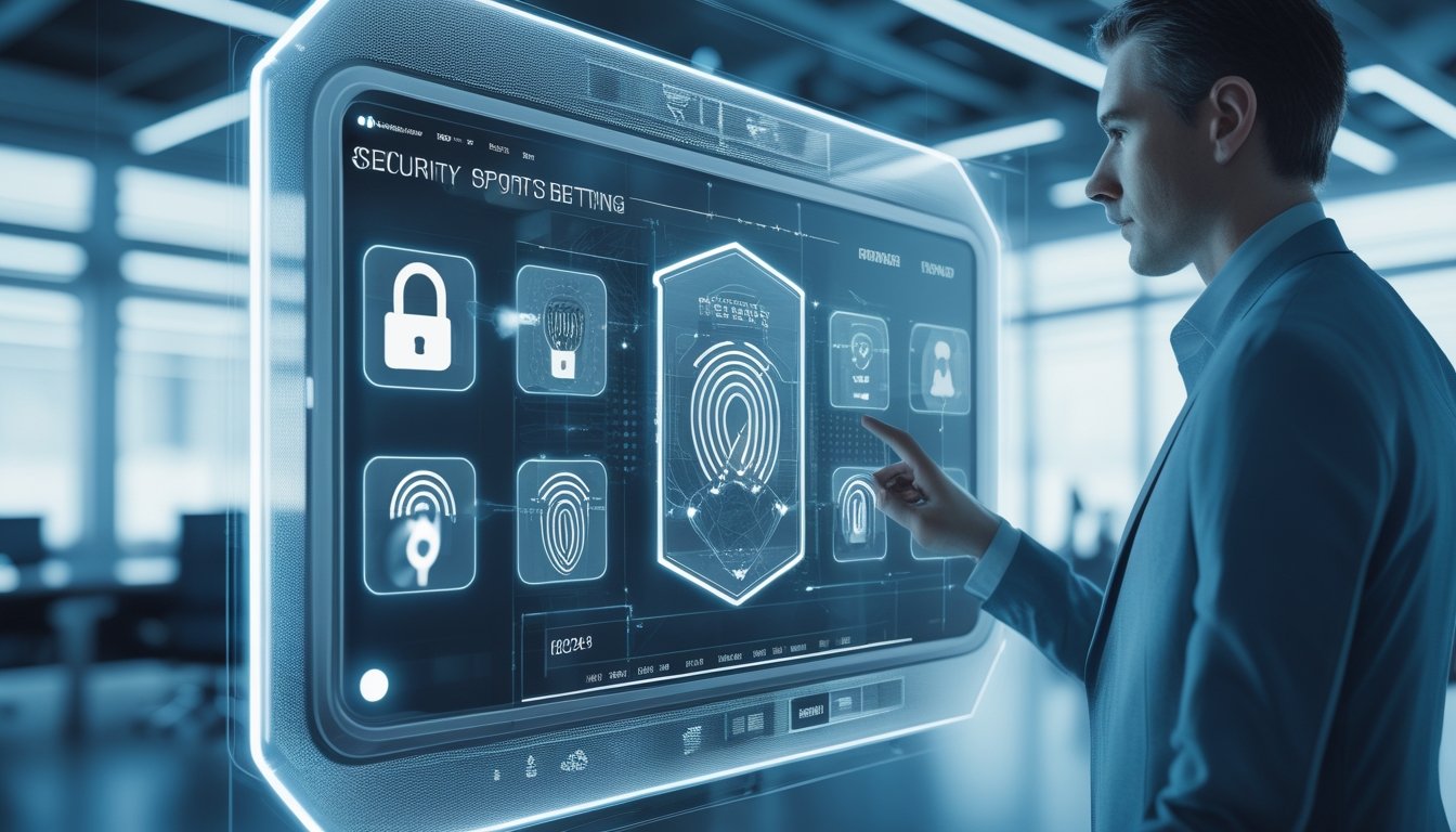 Seorang profesional menggunakan antarmuka digital futuristik dengan ikon keamanan seperti gembok dan sidik jari di layar, di ruang kantor modern.