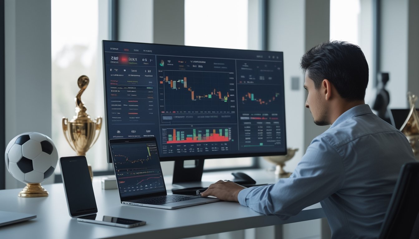 Seorang profesional sedang menganalisis data taruhan olahraga sepak bola di depan layar komputer di kantor modern.