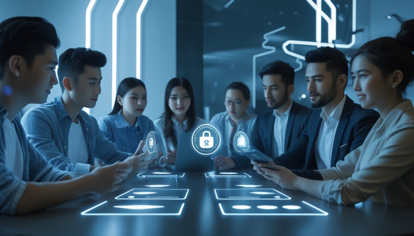 Sekelompok orang muda menggunakan perangkat digital untuk taruhan online di ruangan modern dengan pencahayaan futuristik.