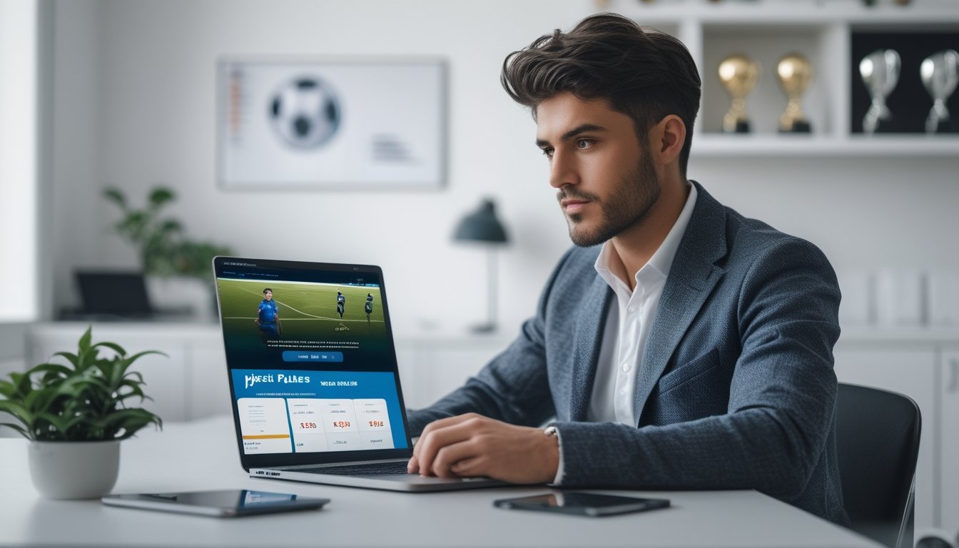 Seorang pria muda duduk di meja kerja dengan laptop dan ponsel, fokus menggunakan situs taruhan bola online dan aplikasi pembayaran digital.