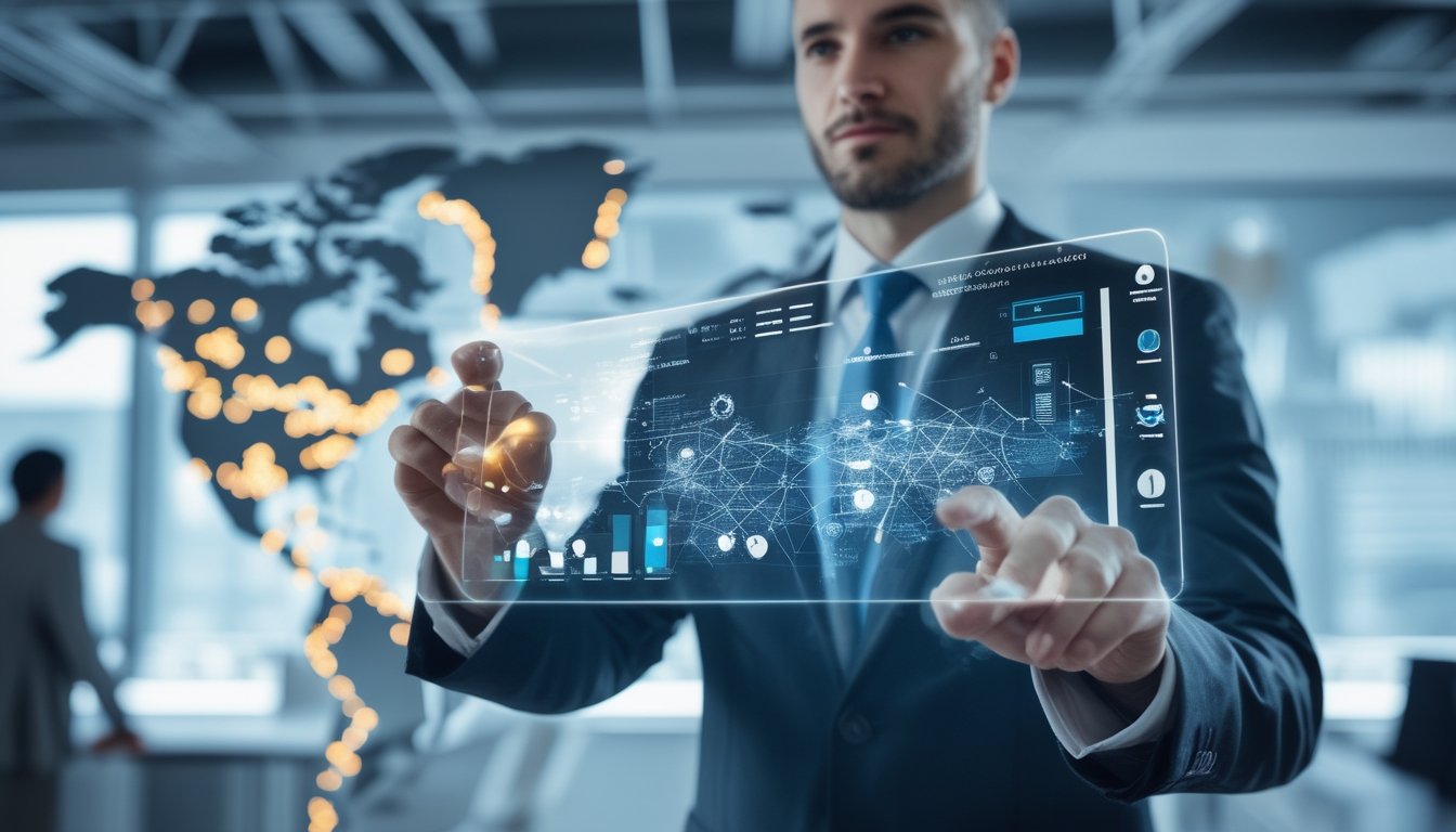 Seorang pria bisnis di kantor modern sedang melihat data digital dengan peta dunia dan garis koneksi di latar belakang.
