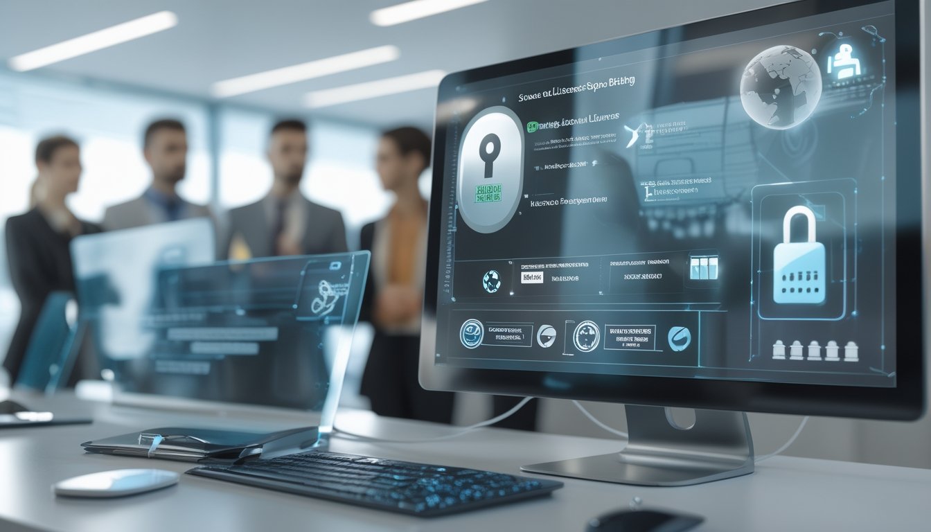 Sekelompok orang beragam sedang menggunakan layar digital transparan dengan ikon keamanan dan lisensi internasional di latar kantor modern.