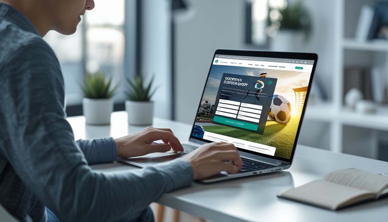 Seseorang sedang mendaftar akun judi bola secara online menggunakan laptop di meja kerja yang rapi.