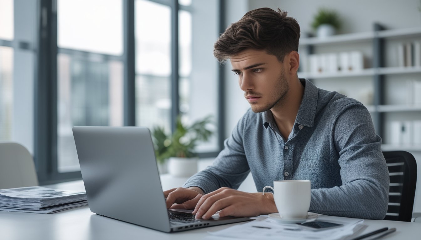 Seorang pria muda duduk di meja kerja dengan laptop, terlihat serius dan fokus, di sebuah kantor yang terang dan rapi.