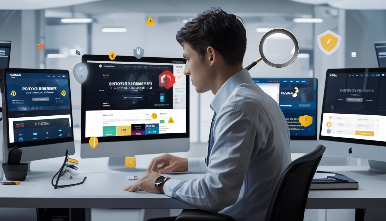 Seorang pria muda duduk di meja dengan beberapa layar komputer yang menampilkan situs taruhan olahraga dan simbol peringatan, sedang menganalisis dengan serius di lingkungan kantor modern.