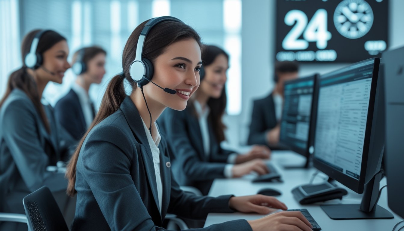 Pusat layanan pelanggan dengan agen menggunakan headset yang sedang memberikan dukungan live chat nonstop.