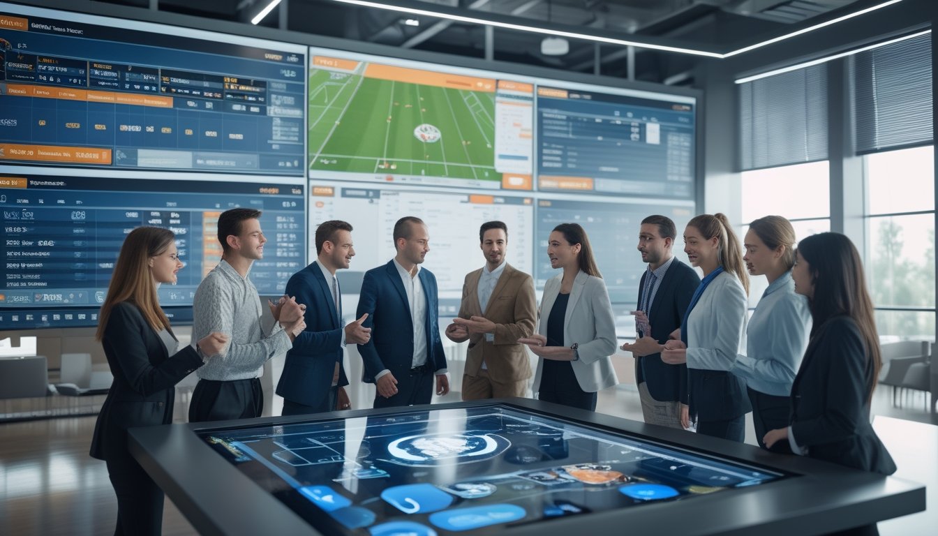 Sekelompok profesional berdiskusi di kantor modern dengan layar digital menampilkan grafik dan statistik terkait layanan dan bonus bandar bola.