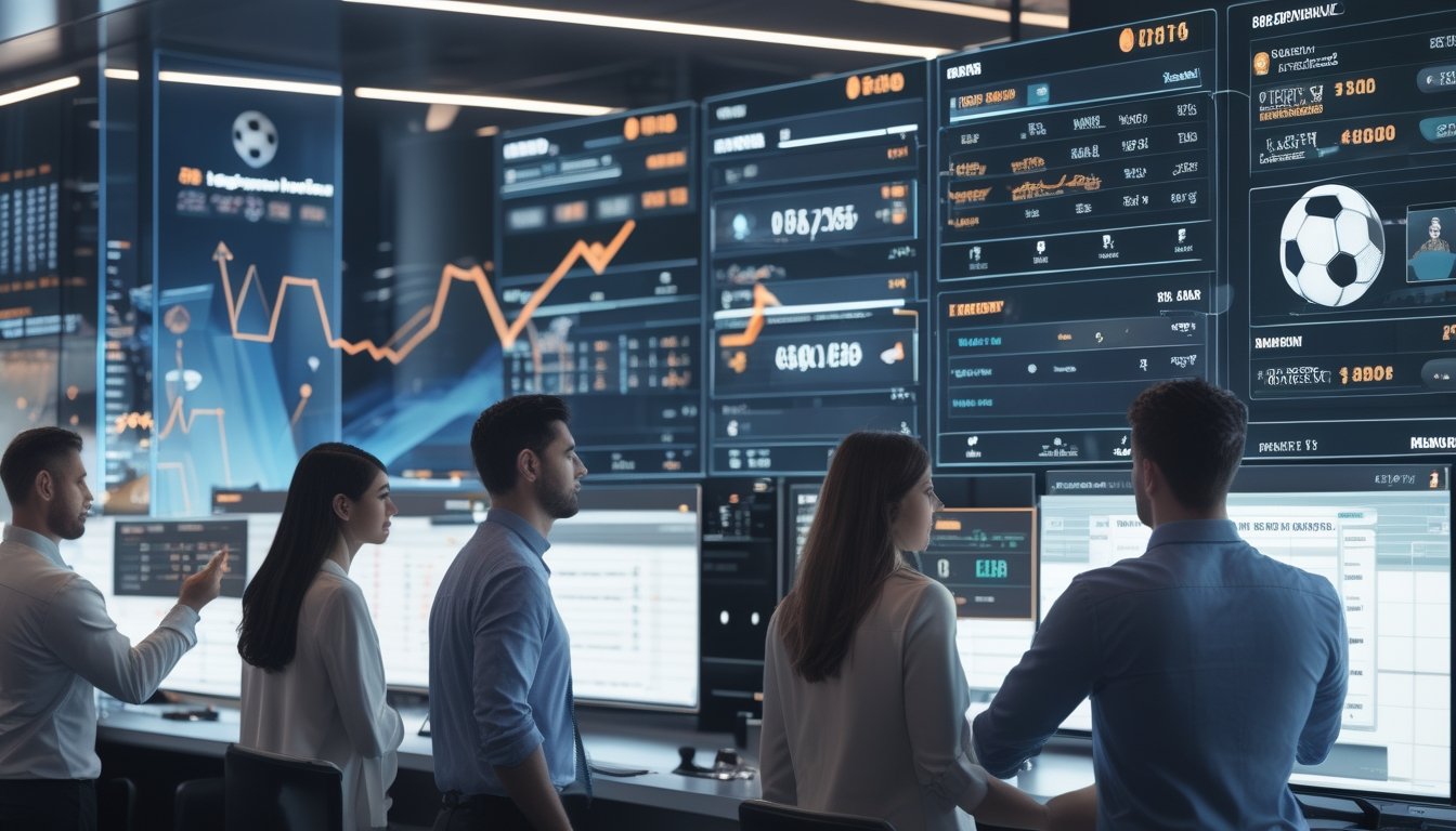 Orang-orang yang sedang menganalisis data taruhan sepak bola di sebuah kantor modern dengan layar digital besar dan grafik bonus.