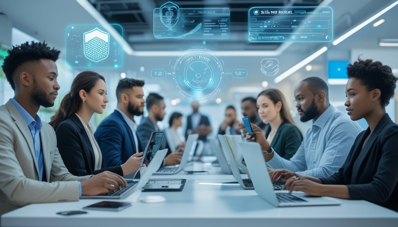 Orang-orang menggunakan ponsel dan laptop dalam suasana modern untuk melakukan transaksi taruhan olahraga yang cepat dan aman.