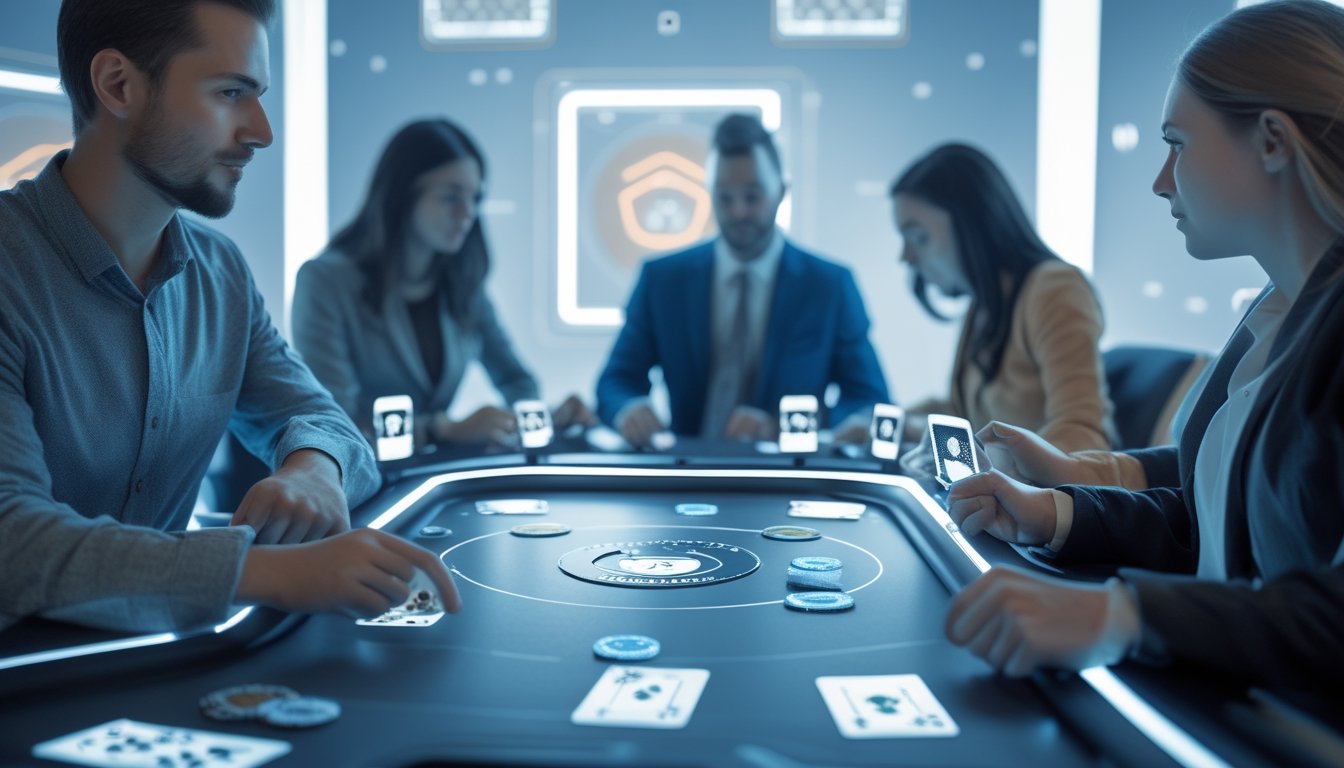Meja poker digital modern dengan pemain yang menggunakan teknologi canggih dalam suasana yang aman dan terpercaya.