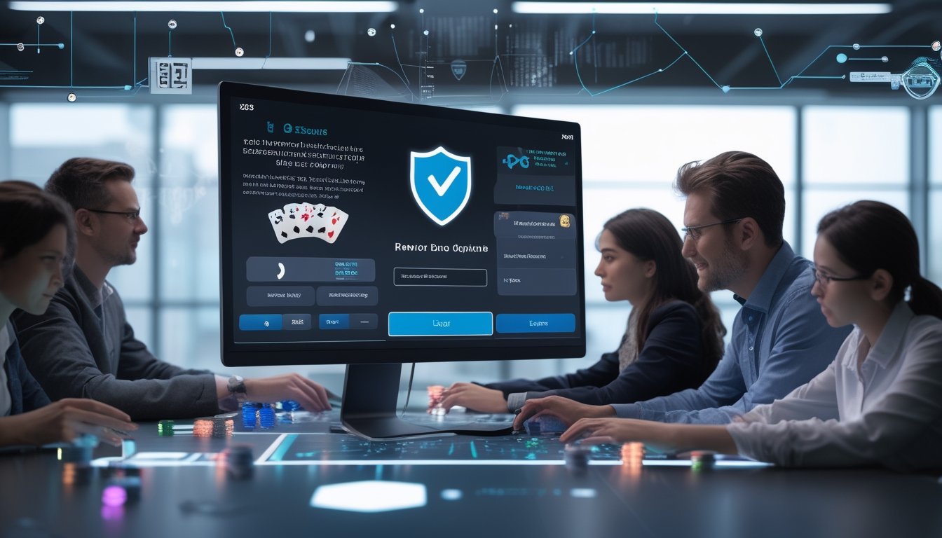 Sekelompok orang dewasa bermain poker online di depan komputer dengan tampilan antarmuka digital yang menunjukkan kartu poker dan chip, di ruang kantor yang terang dan modern.