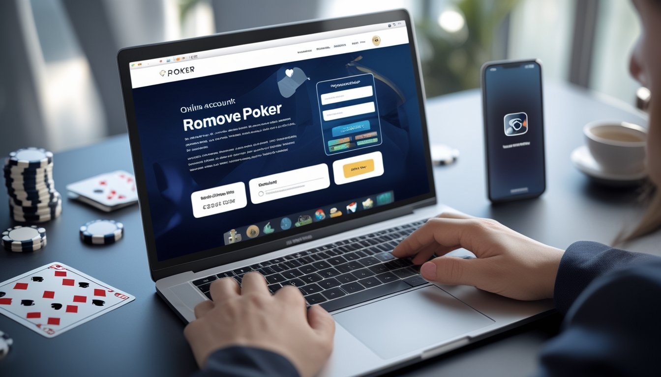 Seseorang sedang mengetik di laptop dengan tampilan situs pendaftaran akun poker online, di meja terdapat chip poker dan kartu remi.