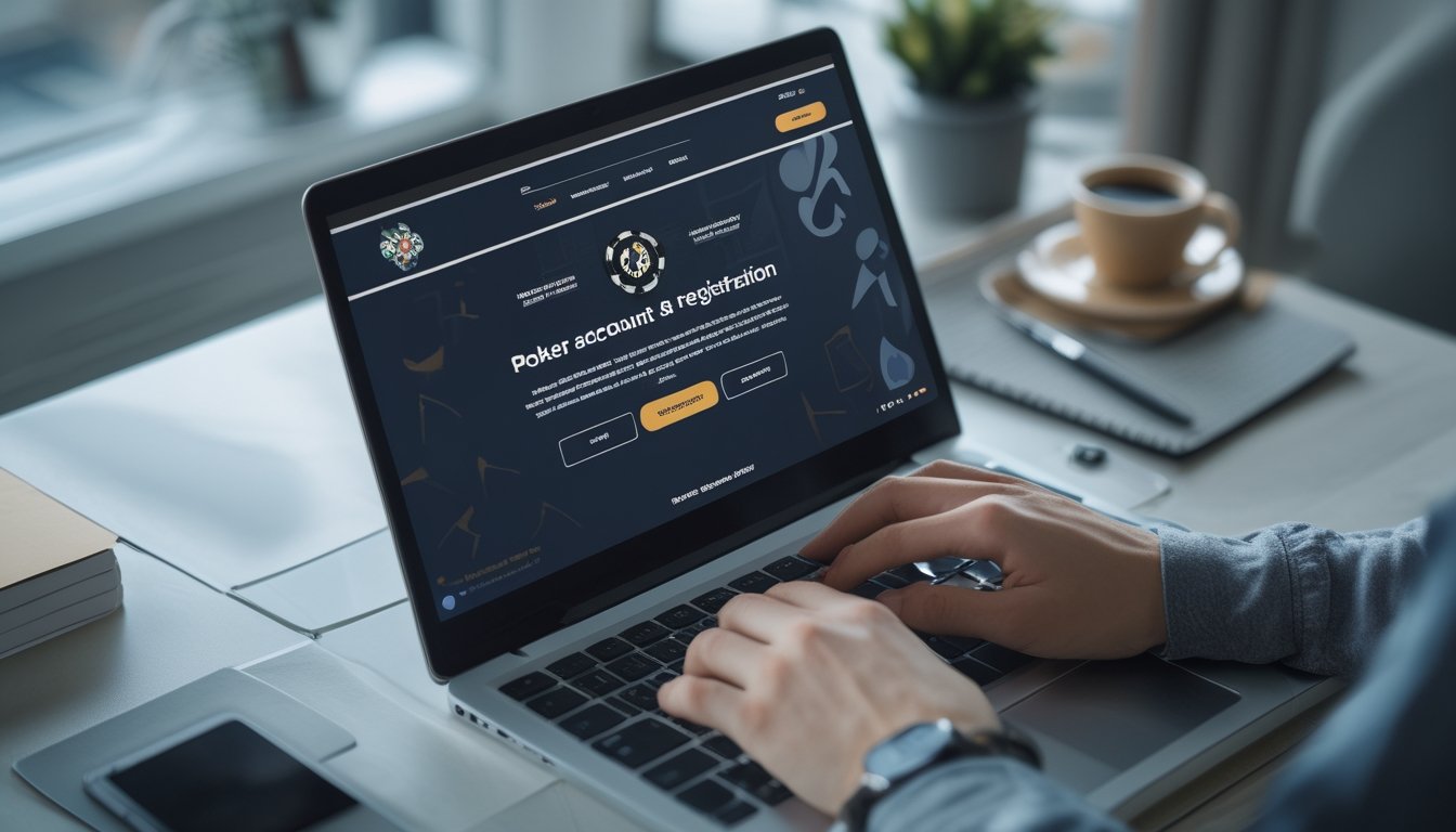 Seorang pengguna sedang mendaftar akun poker online di laptop di atas meja kerja yang rapi dengan kopi dan ponsel di samping.