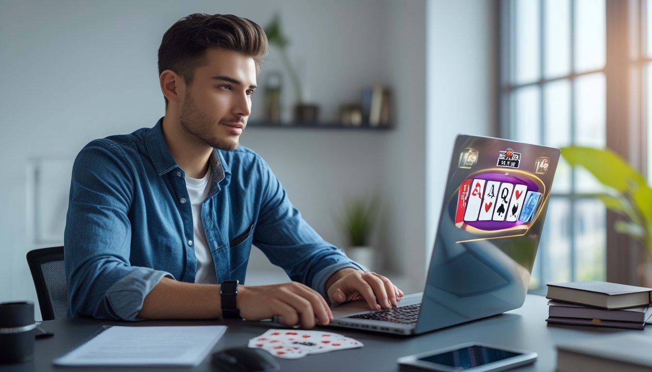 Seorang pria muda duduk di meja dengan laptop bermain poker online, terlihat fokus dan serius.