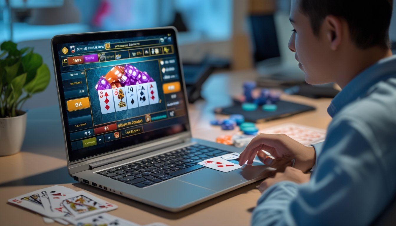 Seorang pemuda duduk di depan laptop yang menampilkan permainan poker online dengan kartu dan chip poker di meja, suasana ruangan terlihat nyaman dan fokus.