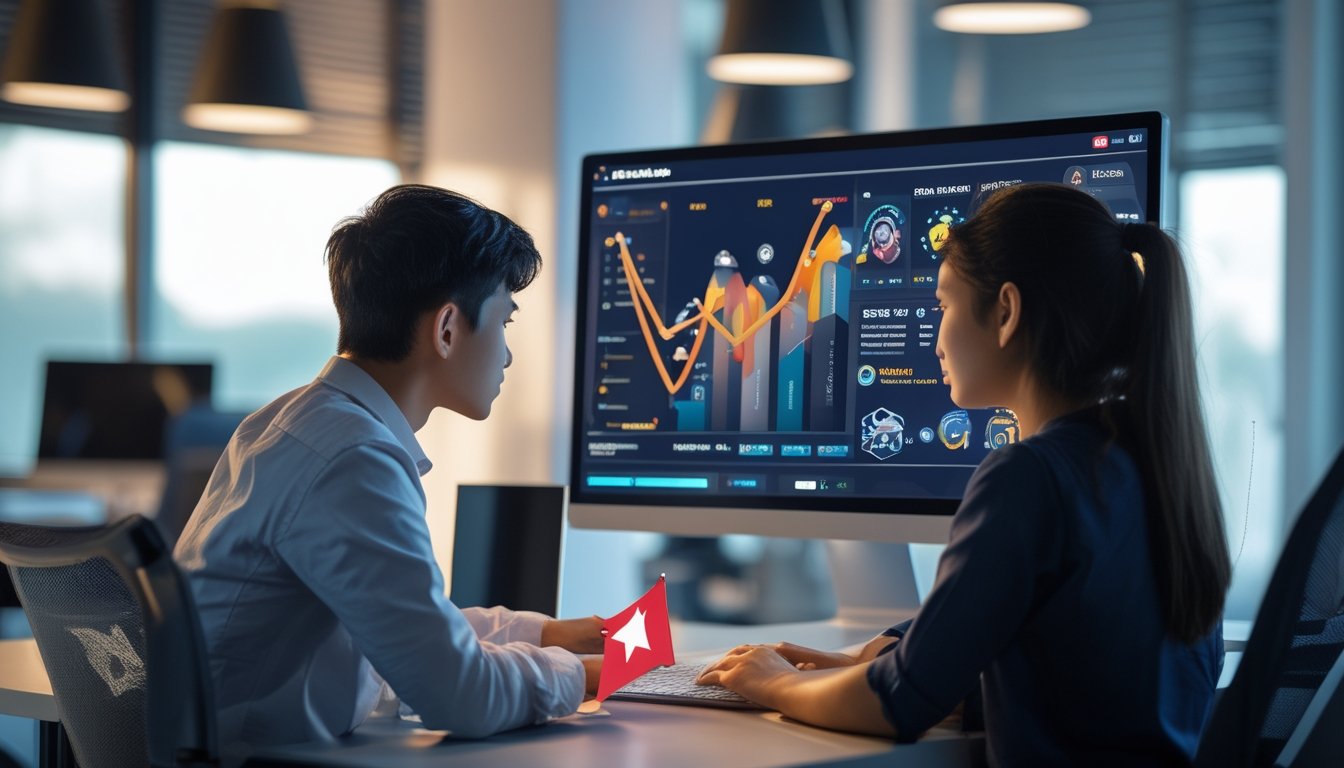 Seorang pria dan wanita Indonesia sedang fokus bermain poker online di depan komputer di kantor modern.
